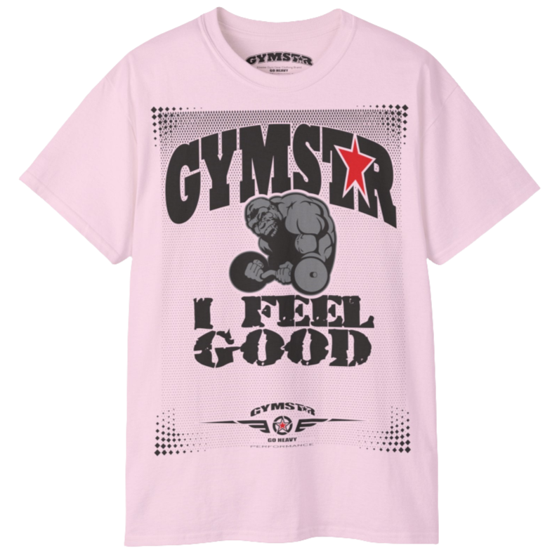 A pink Gymstar fitness t-shirt with the brand logo and a motivating design I feel Good. Front view.
