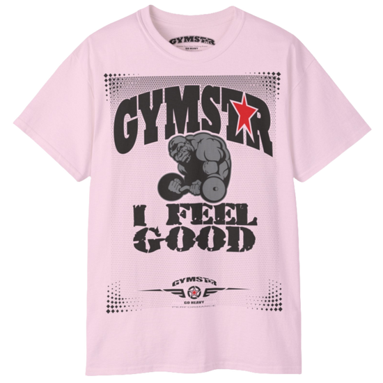A pink Gymstar fitness t-shirt with the brand logo and a motivating design I feel Good. Front view.