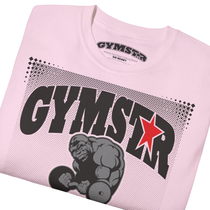 A pink Gymstar fitness t-shirt with the brand logo and a motivating design I feel Good. Close up front view.