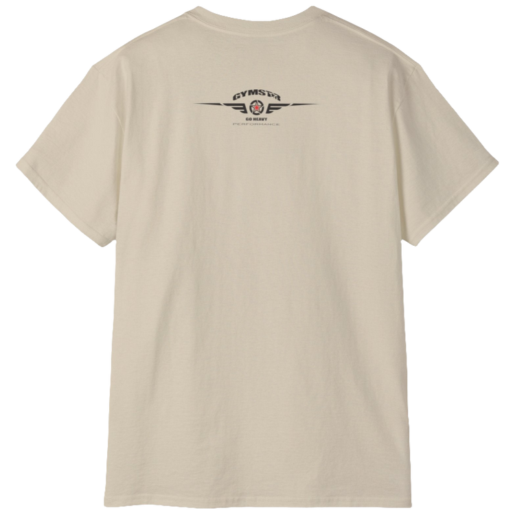 A beige Gymstar fitness t-shirt with the brand logo and a motivating design I feel Good. Rear view.