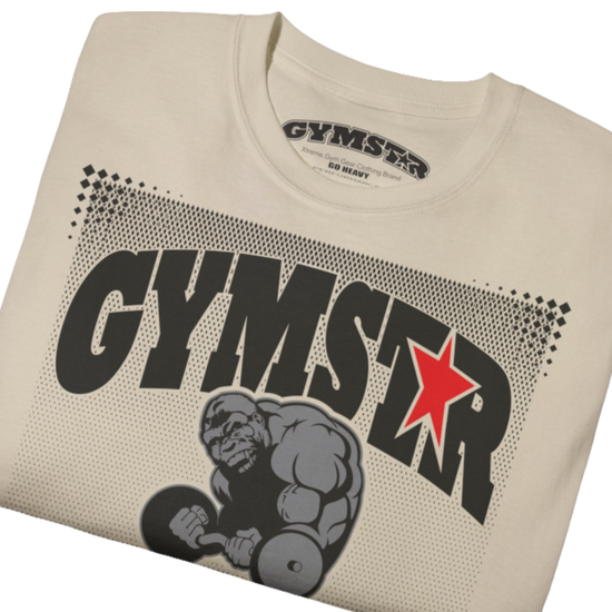 A beige Gymstar fitness t-shirt with the brand logo and a motivating design I feel Good. Close up front view.