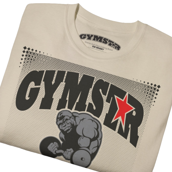 A beige Gymstar fitness t-shirt with the brand logo and a motivating design I feel Good. Close up front view.