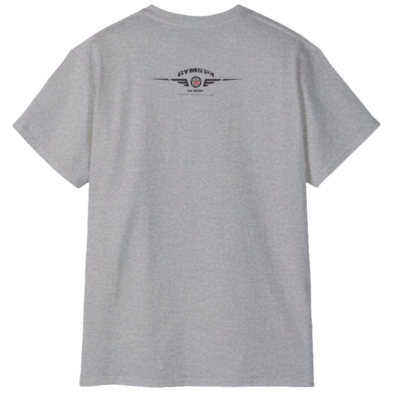 A silver grey Gymstar fitness t-shirt with the brand logo and a motivating design I feel Good. Rear view.