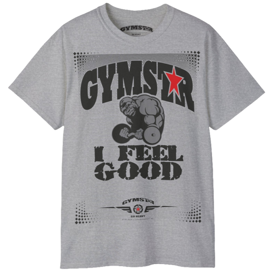 A silver grey Gymstar fitness t-shirt with the brand logo and a motivating design I feel Good. Front view.