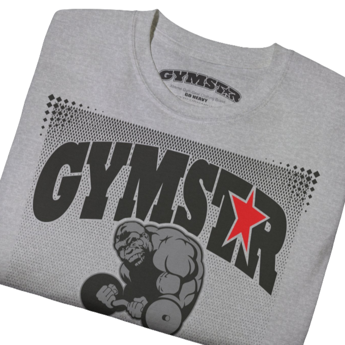 A grey Gymstar fitness t-shirt with the brand logo and a motivating design I feel Good. Close up view.