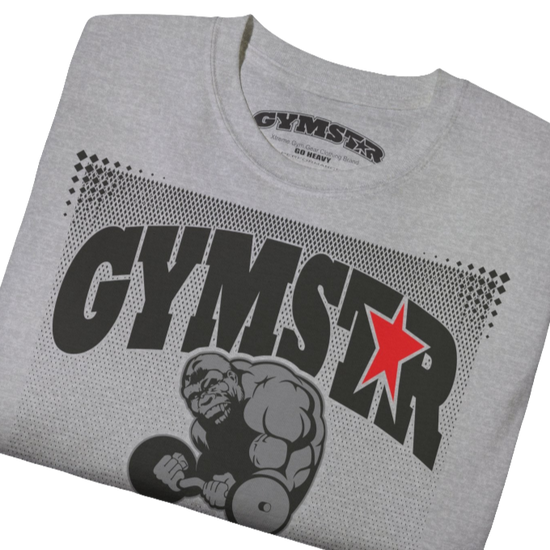A grey Gymstar fitness t-shirt with the brand logo and a motivating design I feel Good. Close up view.