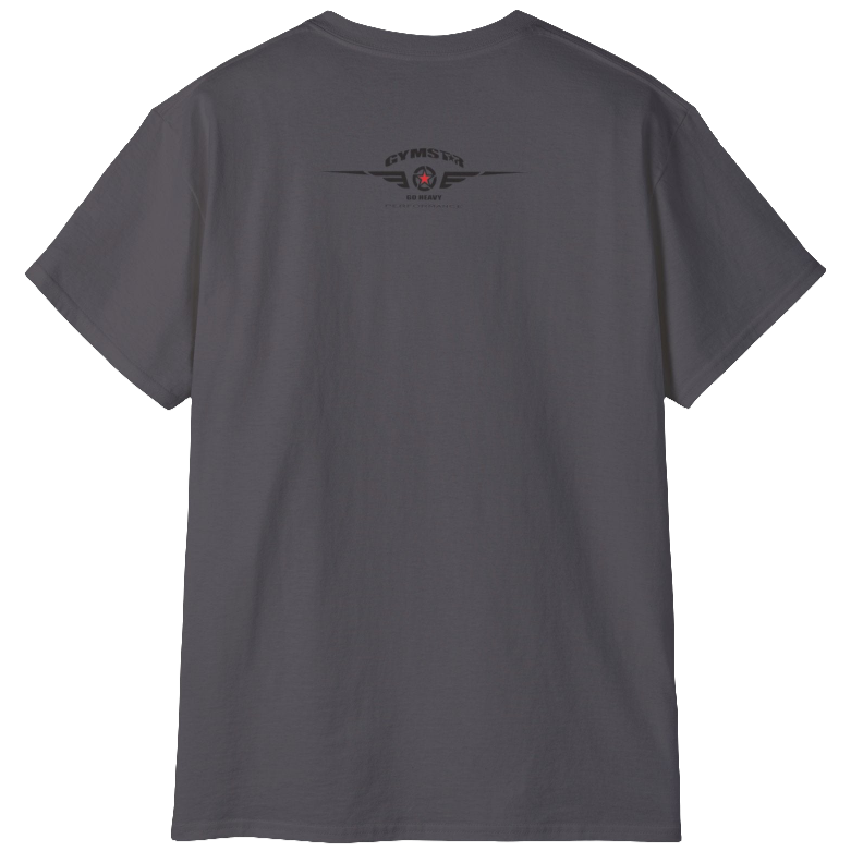 A sport grey Gymstar fitness t-shirt with the brand logo and a motivating design I feel Good. Rear view.