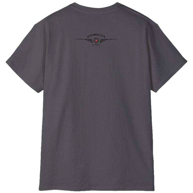 A sport grey Gymstar fitness t-shirt with the brand logo and a motivating design I feel Good. Rear view.