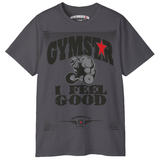 A sport grey Gymstar fitness t-shirt with the brand logo and a motivating design I feel Good. Front view.