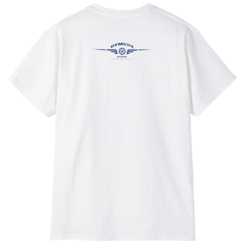 A white Gymstar fitness t-shirt with the brand logo and a motivating design I feel Good. Rear view.