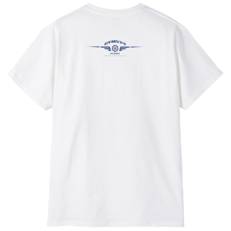 A white Gymstar fitness t-shirt with the brand logo and a motivating design I feel Good. Rear view.