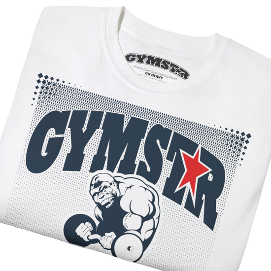 A white Gymstar fitness t-shirt with the brand logo and a motivating design I feel Good. Close up front view.