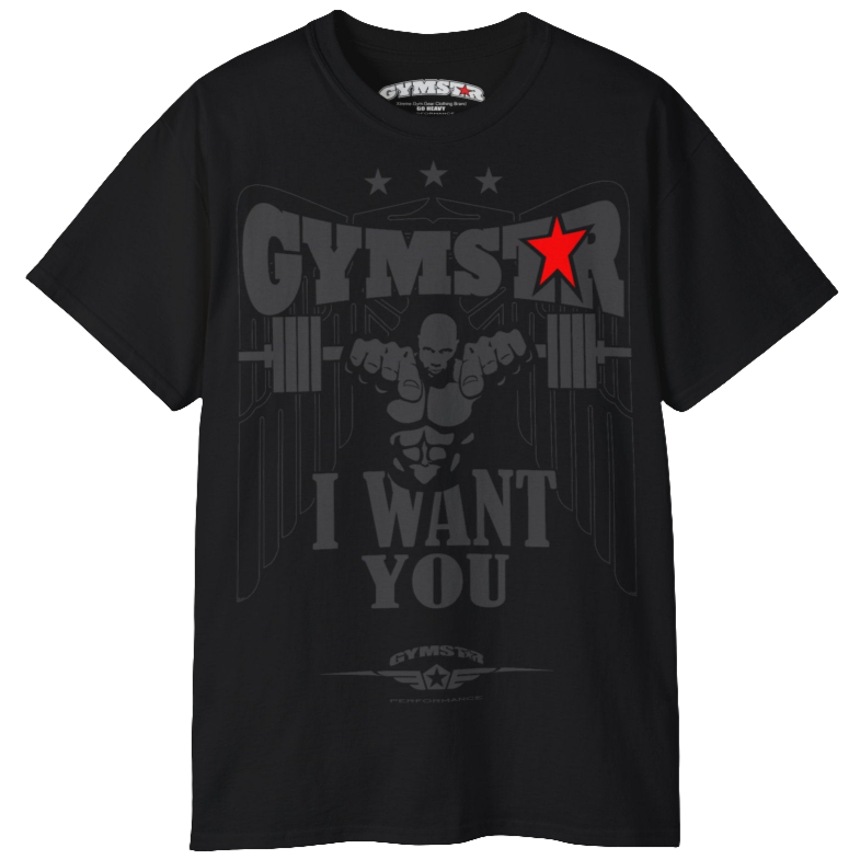 A black Gymstar t-shirt with the text 'I WANT YOU' printed on the front, along with graphics of a weightlifter and dumbbells. Front view.