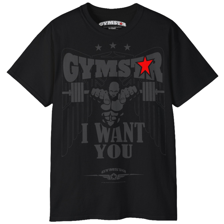 A black Gymstar t-shirt with the text 'I WANT YOU' printed on the front, along with graphics of a weightlifter and dumbbells. Front view.