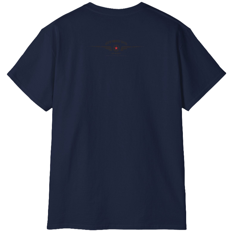A dark navy Gymstar t-shirt with the text 'I WANT YOU' printed on the front, along with graphics of a weightlifter and dumbbells. Rear view.