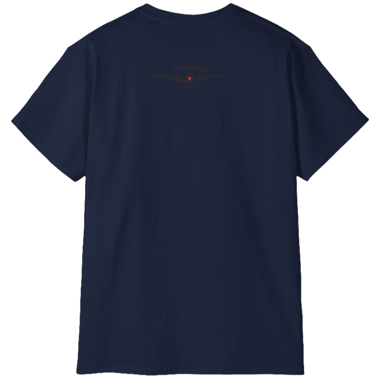A dark navy Gymstar t-shirt with the text 'I WANT YOU' printed on the front, along with graphics of a weightlifter and dumbbells. Rear view.