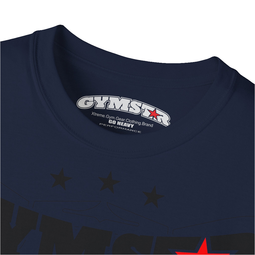 A navy blue Gymstar t-shirt with the text 'I WANT YOU' printed on the front, along with graphics of a weightlifter and dumbbells. Close up view.
