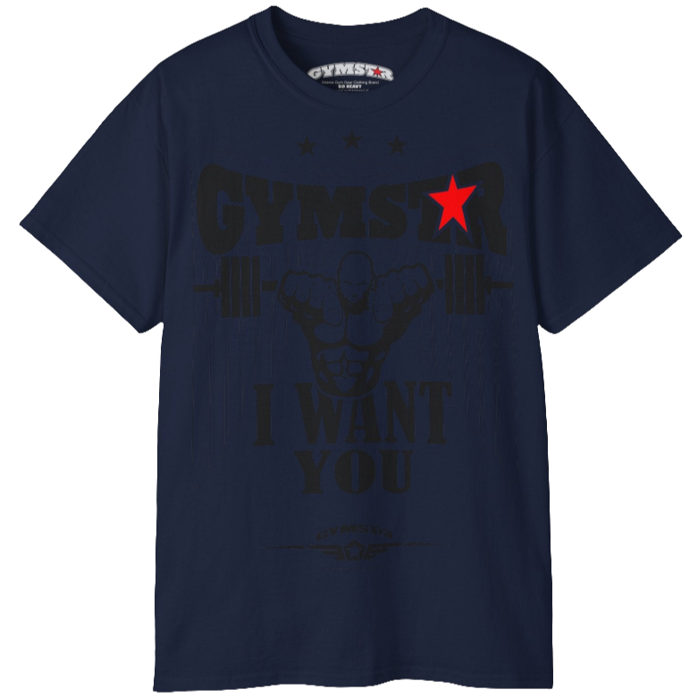 A dark navy blue Gymstar t-shirt with the text 'I WANT YOU' printed on the front, along with graphics of a weightlifter and dumbbells. Front view.