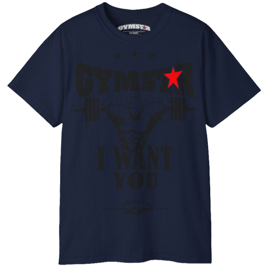 A dark navy blue Gymstar t-shirt with the text 'I WANT YOU' printed on the front, along with graphics of a weightlifter and dumbbells. Front view.