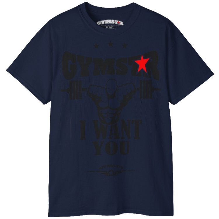A dark navy blue Gymstar t-shirt with the text 'I WANT YOU' printed on the front, along with graphics of a weightlifter and dumbbells. Front view.
