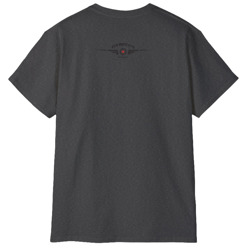 A dark grey Gymstar t-shirt with the text 'I WANT YOU' printed on the front, along with graphics of a weightlifter and dumbbells. Front view.