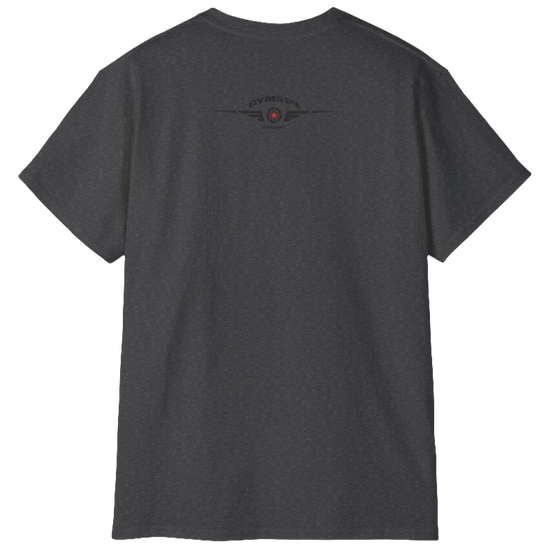 A dark grey Gymstar t-shirt with the text 'I WANT YOU' printed on the front, along with graphics of a weightlifter and dumbbells. Front view.