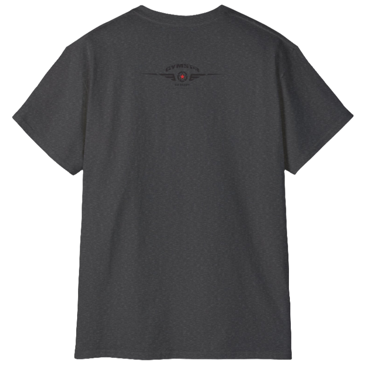 A dark grey Gymstar t-shirt with the text 'I WANT YOU' printed on the front, along with graphics of a weightlifter and dumbbells. Front view.