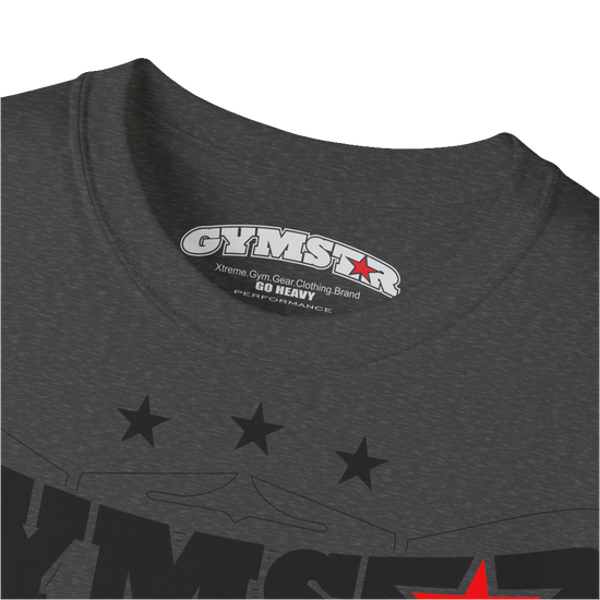A sport grey Gymstar t-shirt with the text 'I WANT YOU' printed on the front, along with graphics of a weightlifter and dumbbells. Front close up view.