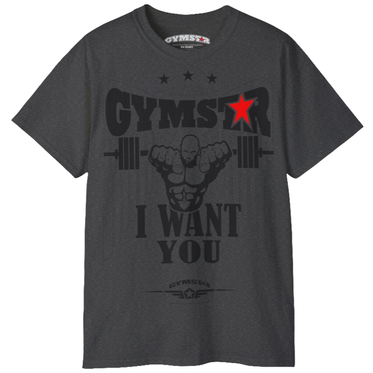  A sport grey Gymstar t-shirt with the text 'I WANT YOU' printed on the front, along with graphics of a weightlifter and dumbbells. Front view.