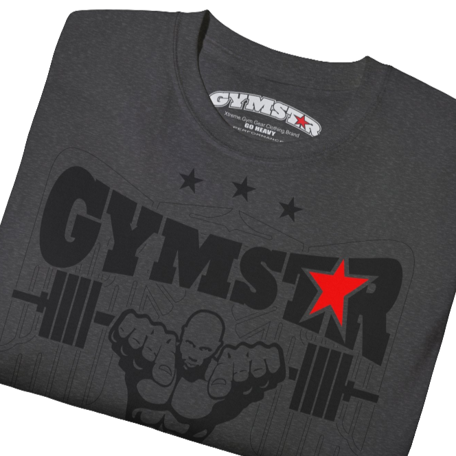A sport grey Gymstar t-shirt with the text 'I WANT YOU' printed on the front, along with graphics of a weightlifter and dumbbells. Close up front view.