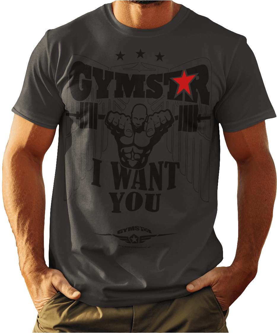 A man wearing a sport grey Gymstar t-shirt with the text 'I WANT YOU' printed on the front, along with graphics of a weightlifter and dumbbells.