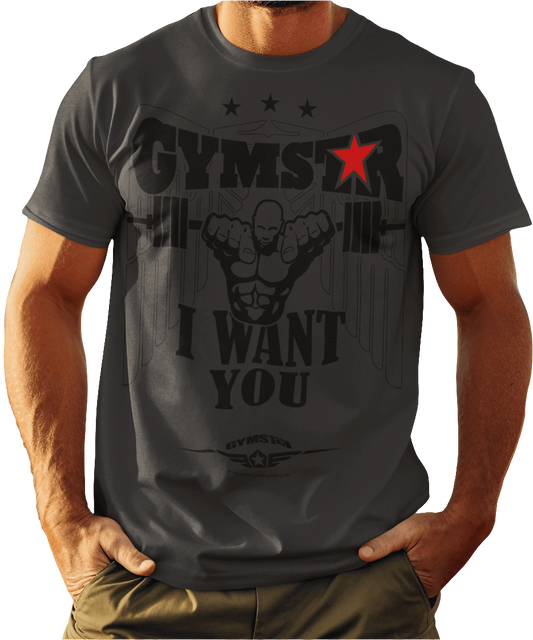 A man wearing a sport grey Gymstar t-shirt with the text 'I WANT YOU' printed on the front, along with graphics of a weightlifter and dumbbells.