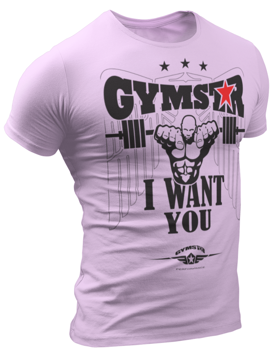 A pink  Gymstar t-shirt with a graphic print that includes text I WAnt You, weight lifting barbel and a logo related to fitness and bodybuilding.
