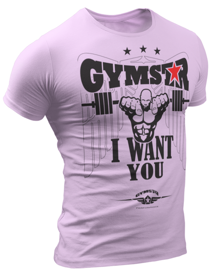 A pink  Gymstar t-shirt with a graphic print that includes text I WAnt You, weight lifting barbel and a logo related to fitness and bodybuilding.