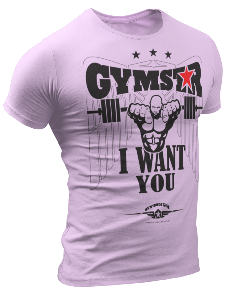 A pink  Gymstar t-shirt with a graphic print that includes text I WAnt You, weight lifting barbel and a logo related to fitness and bodybuilding.