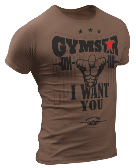 A capuchino  Gymstar t-shirt with a graphic print that includes text I WAnt You, weight lifting barbel and a logo related to fitness and bodybuilding.