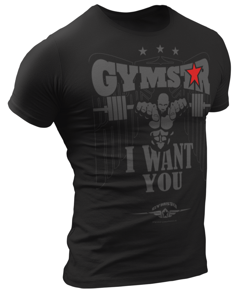 A black  Gymstar t-shirt with a graphic print that includes text I WAnt You, weight lifting barbel and a logo related to fitness and bodybuilding.