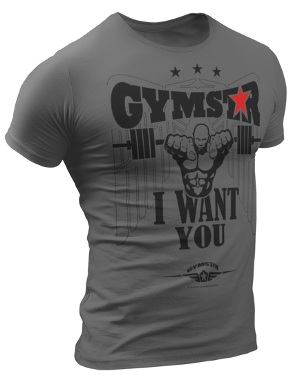A sports grey  Gymstar t-shirt with a graphic print that includes text I WAnt You, weight lifting barbel and a logo related to fitness and bodybuilding.
