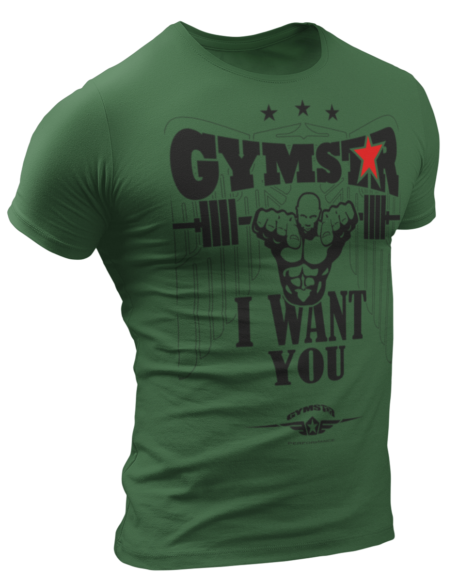A green  Gymstar t-shirt with a graphic print that includes text I WAnt You, weight lifting barbel and a logo related to fitness and bodybuilding.
