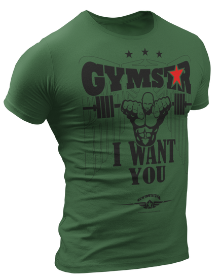 A green  Gymstar t-shirt with a graphic print that includes text I WAnt You, weight lifting barbel and a logo related to fitness and bodybuilding.