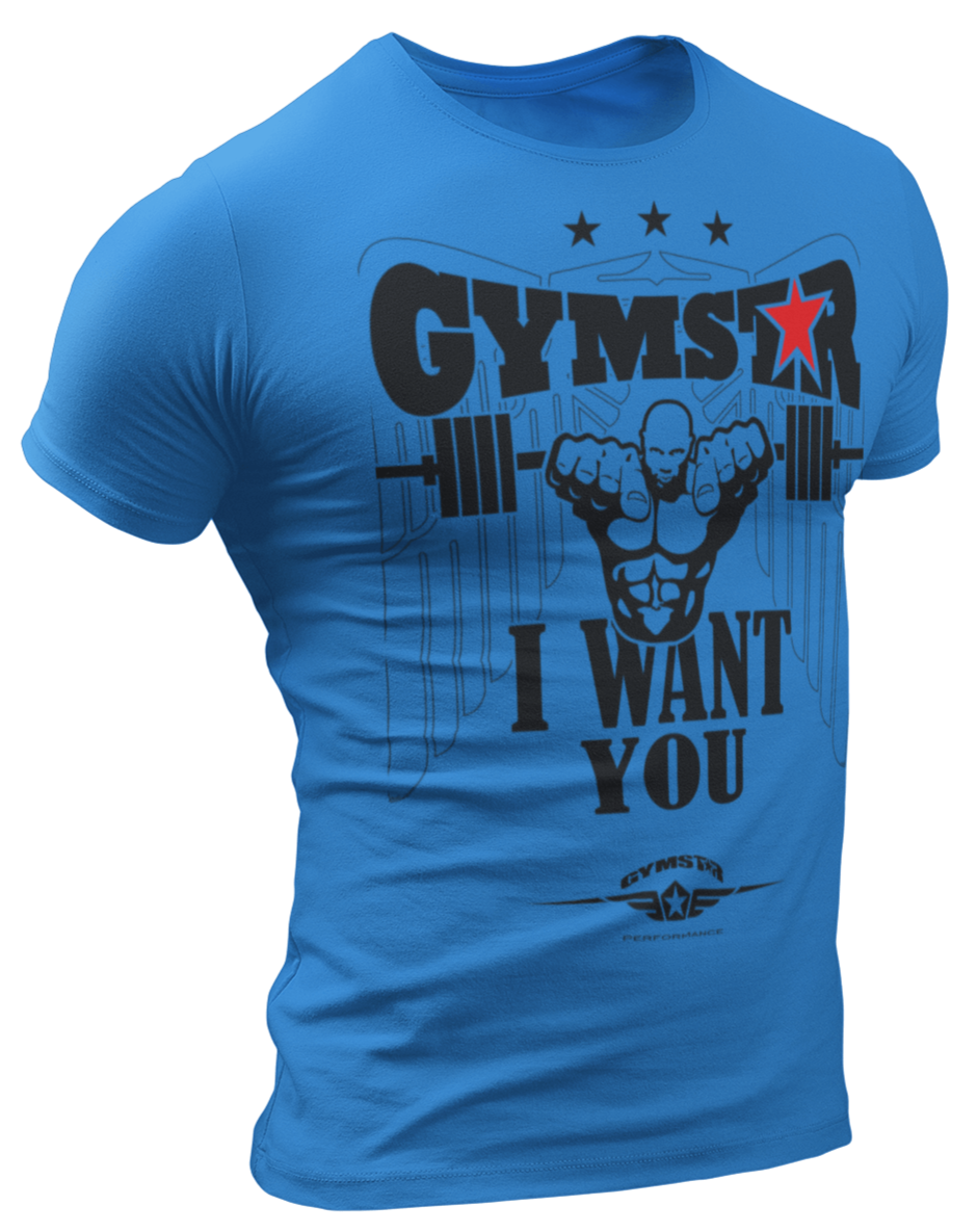A blue  Gymstar t-shirt with a graphic print that includes text I WAnt You, weight lifting barbel and a logo related to fitness and bodybuilding.