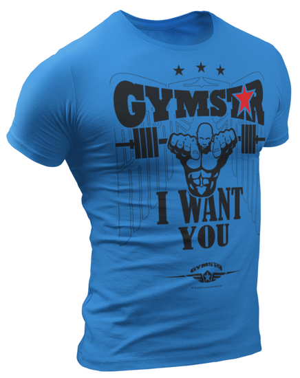 A blue  Gymstar t-shirt with a graphic print that includes text I WAnt You, weight lifting barbel and a logo related to fitness and bodybuilding.