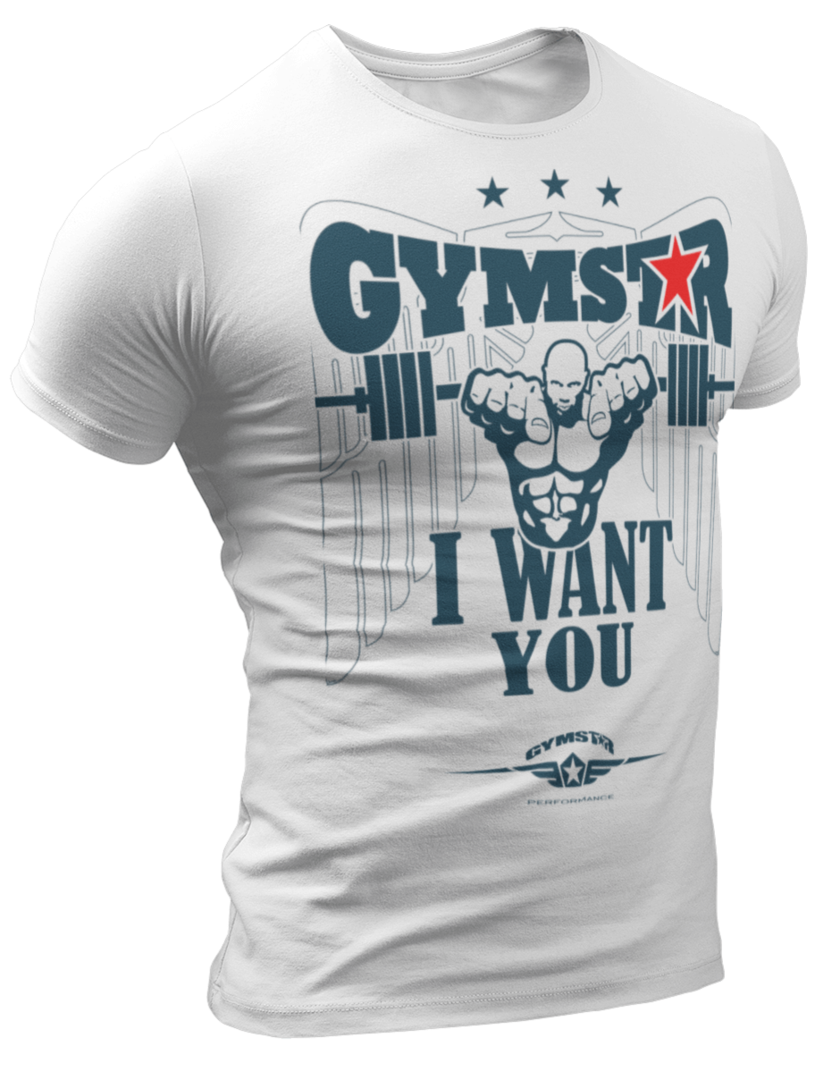 A white  Gymstar t-shirt with a graphic print that includes text I WAnt You, weight lifting barbel and a logo related to fitness and bodybuilding.