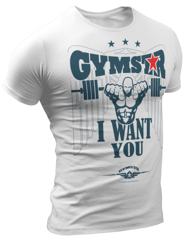 A white  Gymstar t-shirt with a graphic print that includes text I WAnt You, weight lifting barbel and a logo related to fitness and bodybuilding.