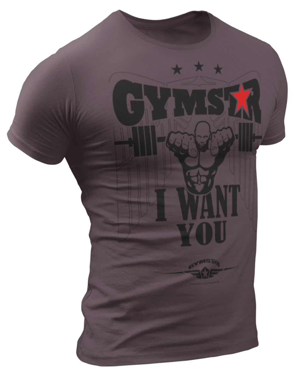 A ruby  Gymstar t-shirt with a graphic print that includes text I WAnt You, weight lifting barbel and a logo related to fitness and bodybuilding.