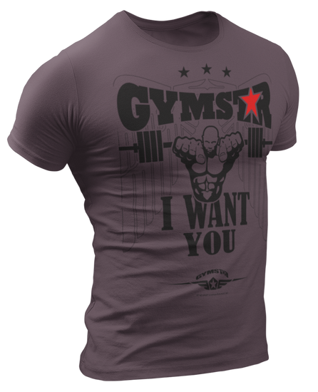 A ruby  Gymstar t-shirt with a graphic print that includes text I WAnt You, weight lifting barbel and a logo related to fitness and bodybuilding.