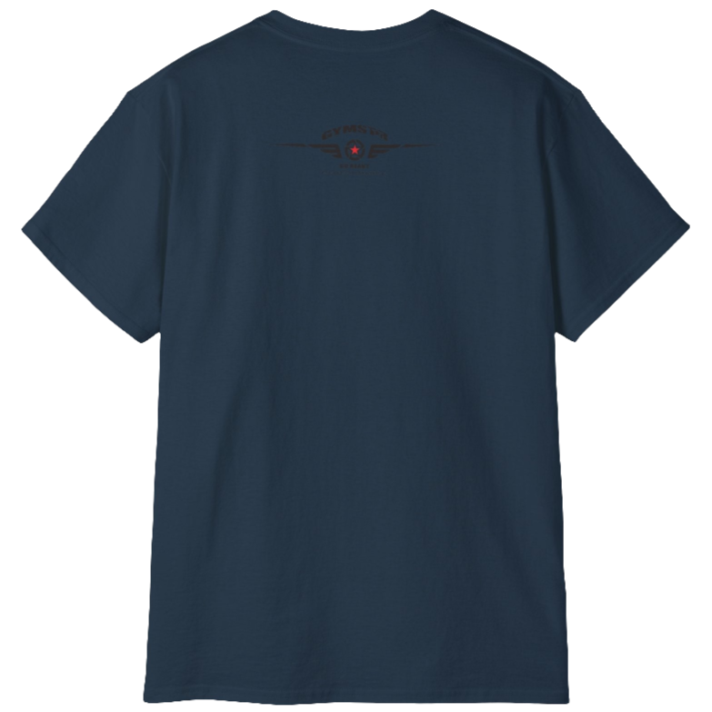 A navy blue Gymstar t-shirt with the text 'I WANT YOU' printed on the front, along with graphics of a weightlifter and dumbbells. Rear view.