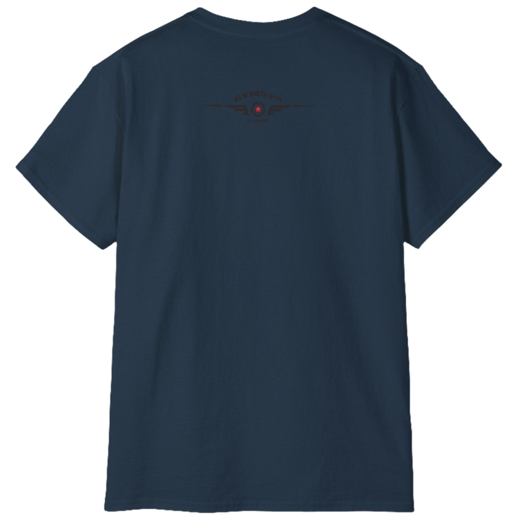 A navy blue Gymstar t-shirt with the text 'I WANT YOU' printed on the front, along with graphics of a weightlifter and dumbbells. Rear view.