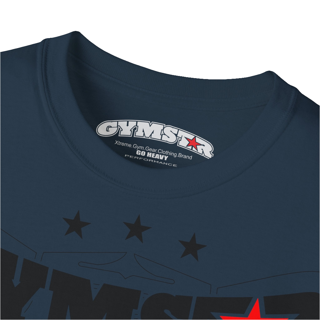 A deep navy Gymstar t-shirt with the text 'I WANT YOU' printed on the front, along with graphics of a weightlifter and dumbbells. Close up view.