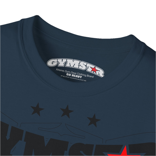 A deep navy Gymstar t-shirt with the text 'I WANT YOU' printed on the front, along with graphics of a weightlifter and dumbbells. Close up view.